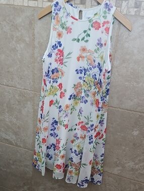 Floral Sleeveless A-Line Dress - White with Multi-Color Flowers